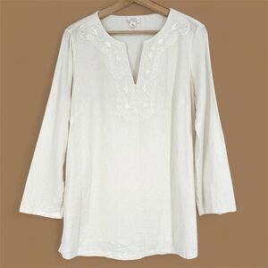 Sigrid Olsen White Linen V-Neck Embroidered Tunic Top Lagenlook Size M‎